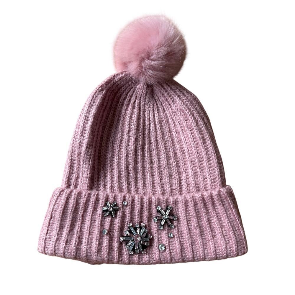 Victoria's Secret Pink Knit Rhinestone Snowflake Pom Pom Beanie Hat Embellished